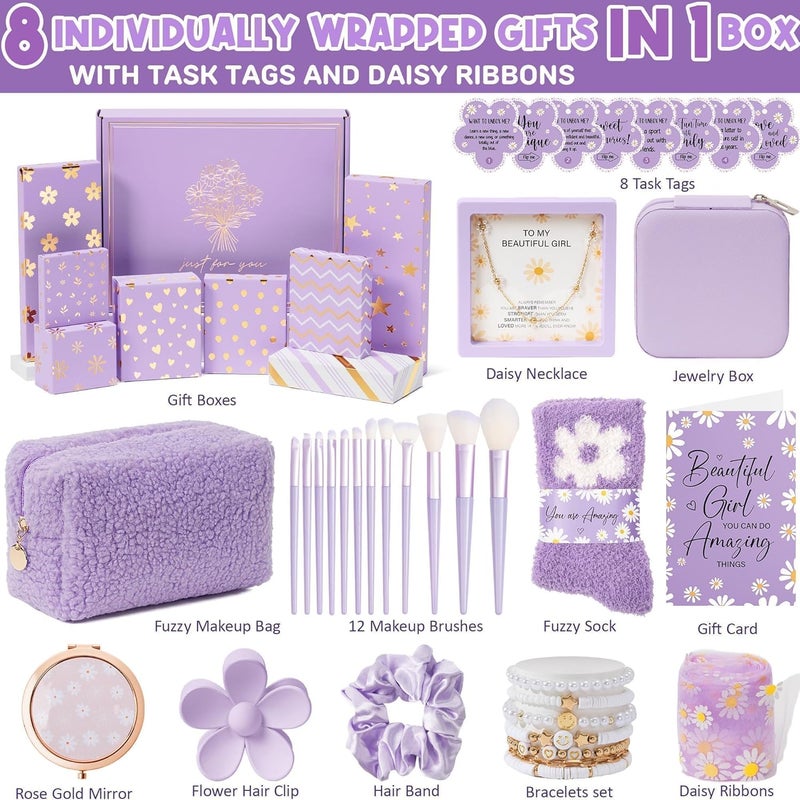 Qinline Valentines Day Gifts for Tween & Teen Girls - 8 PCS Birthday Gift Basket Teenage Girl Gifts Trendy Stuff w/ Fun Task Tags Makeup Brushes & Bag, Empower Positive Wrapped Gift Box for Daughter Niece - Image 3